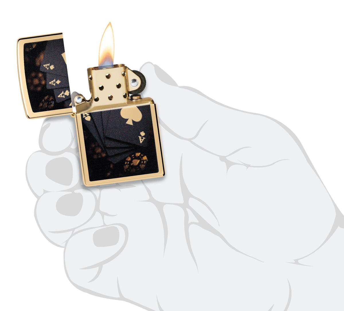 Zippo Lucky Aces Design High Polish Brass lit in hand.