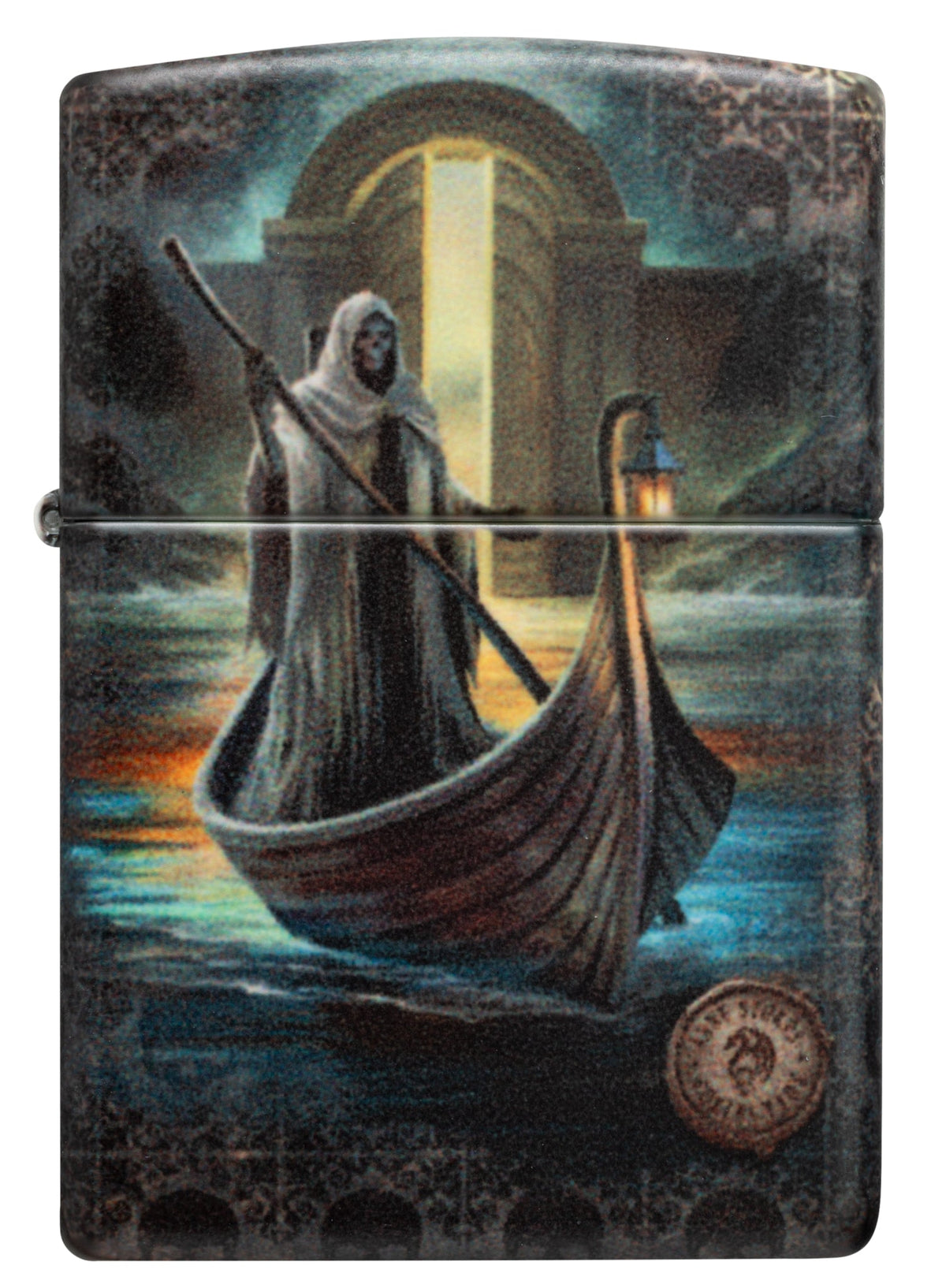 Front view of Zippo Anne Stokes The Ferryman Design 540 Matte Windproof Lighter.