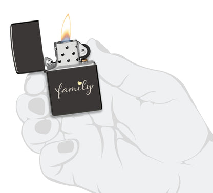 Zippo Family Design High Polish Black Windproof Lighter lit in hand.