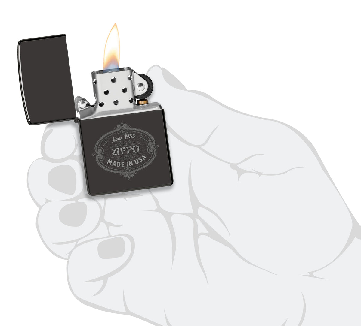 Zippo Plaque Design High Polish Black Windproof Lighter lit in hand.