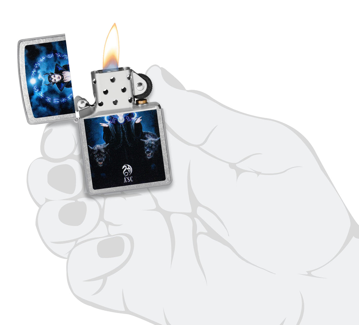 Zippo Anne Stokes Moon Witch Design Street Chrome Windproof Lighter lit in hand.