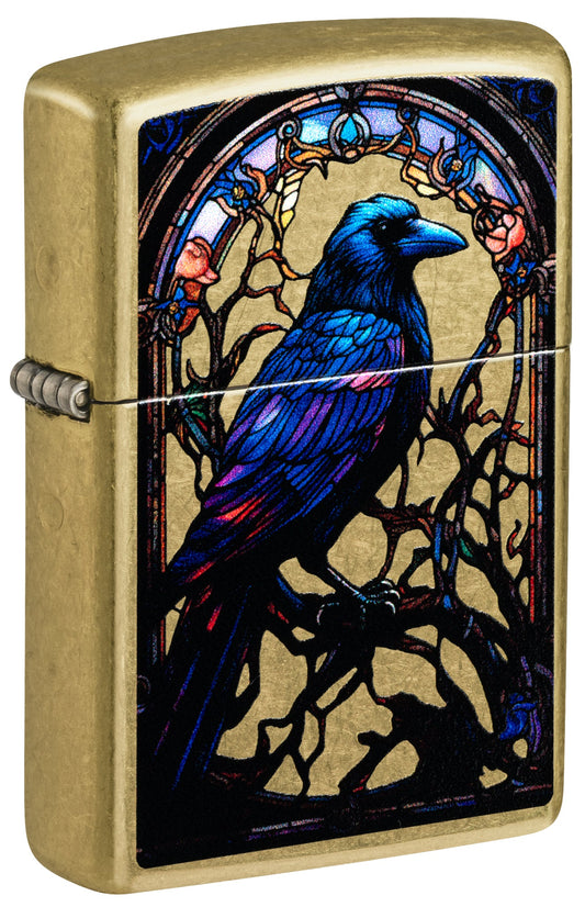 Front shot of Zippo Stained Glass Raven Design Street Brass Windproof Lighter standing at a 3/4 angle.