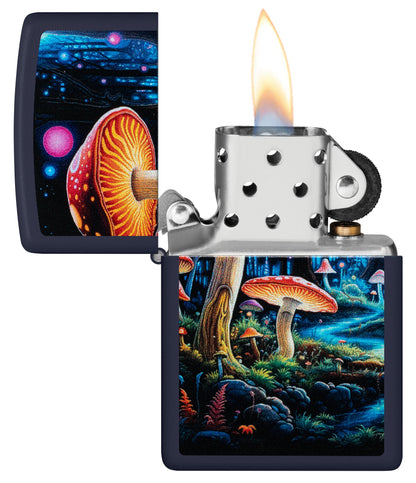 Zippo Black Light Mushroom Design Navy Matte Windproof Lighter with its lid open and lit.