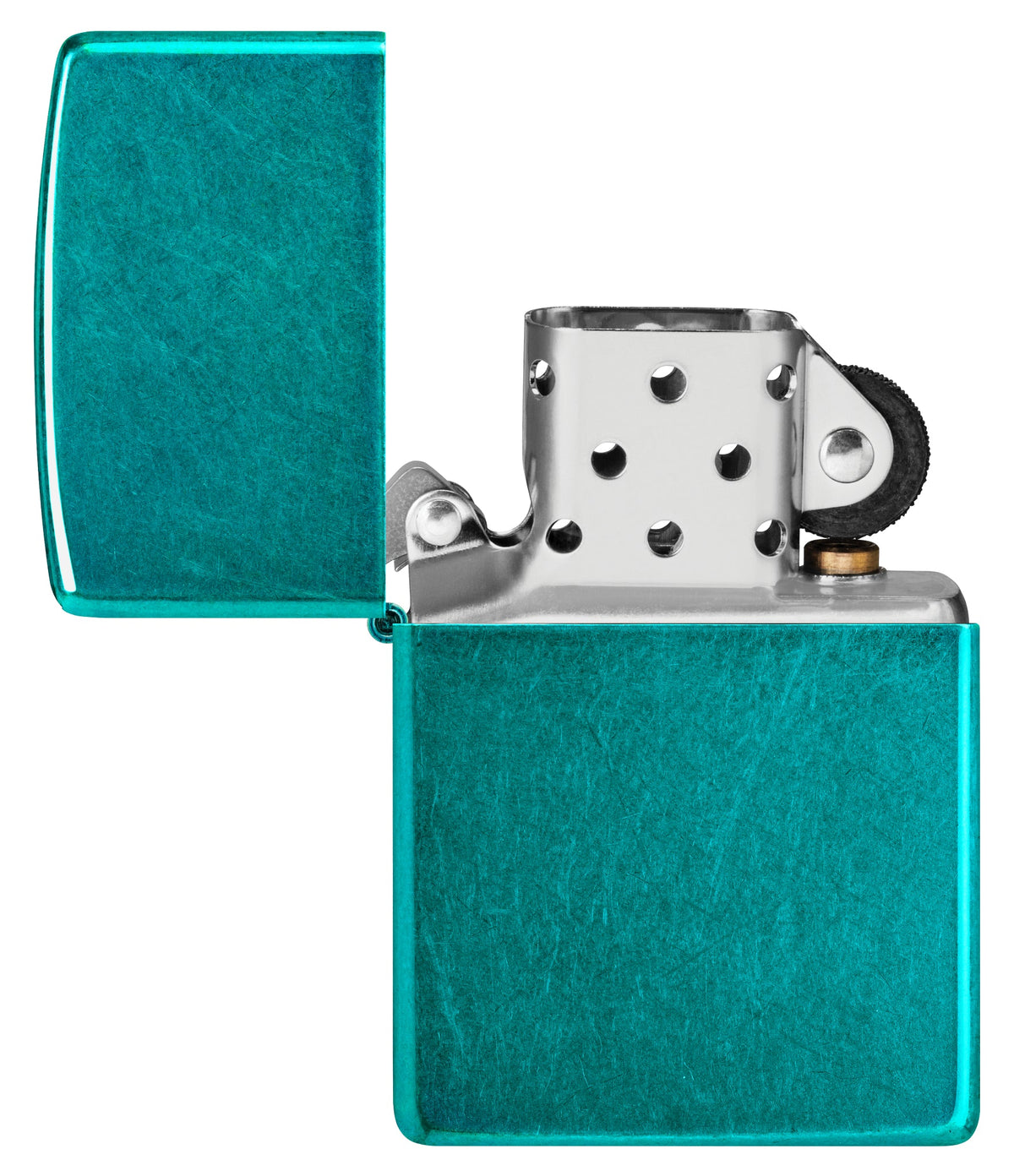Zippo Classic Candy Teal Windproof Lighter with its lid open and unlit.