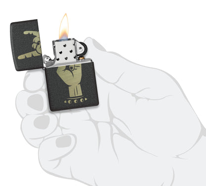 Zippo Rock On Design Black Crackle® Windproof Lighter lit in hand.