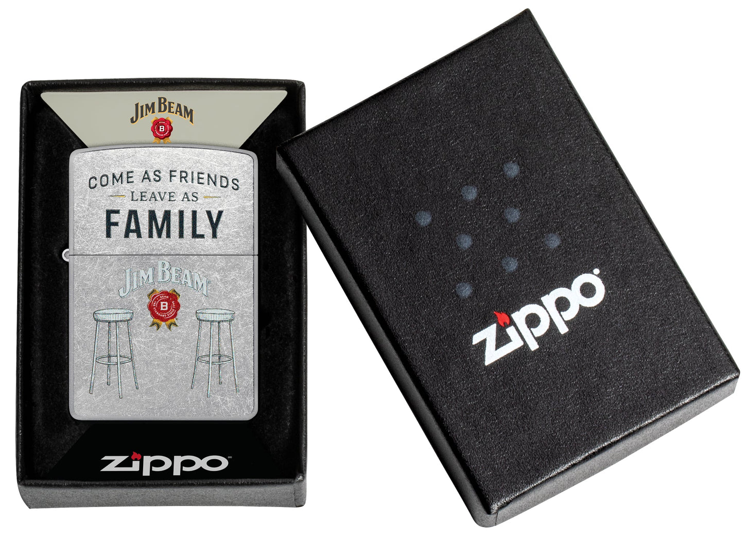 Zippo Jim Beam® Barstools Street Chrome Windproof Lighter  in its packaging.