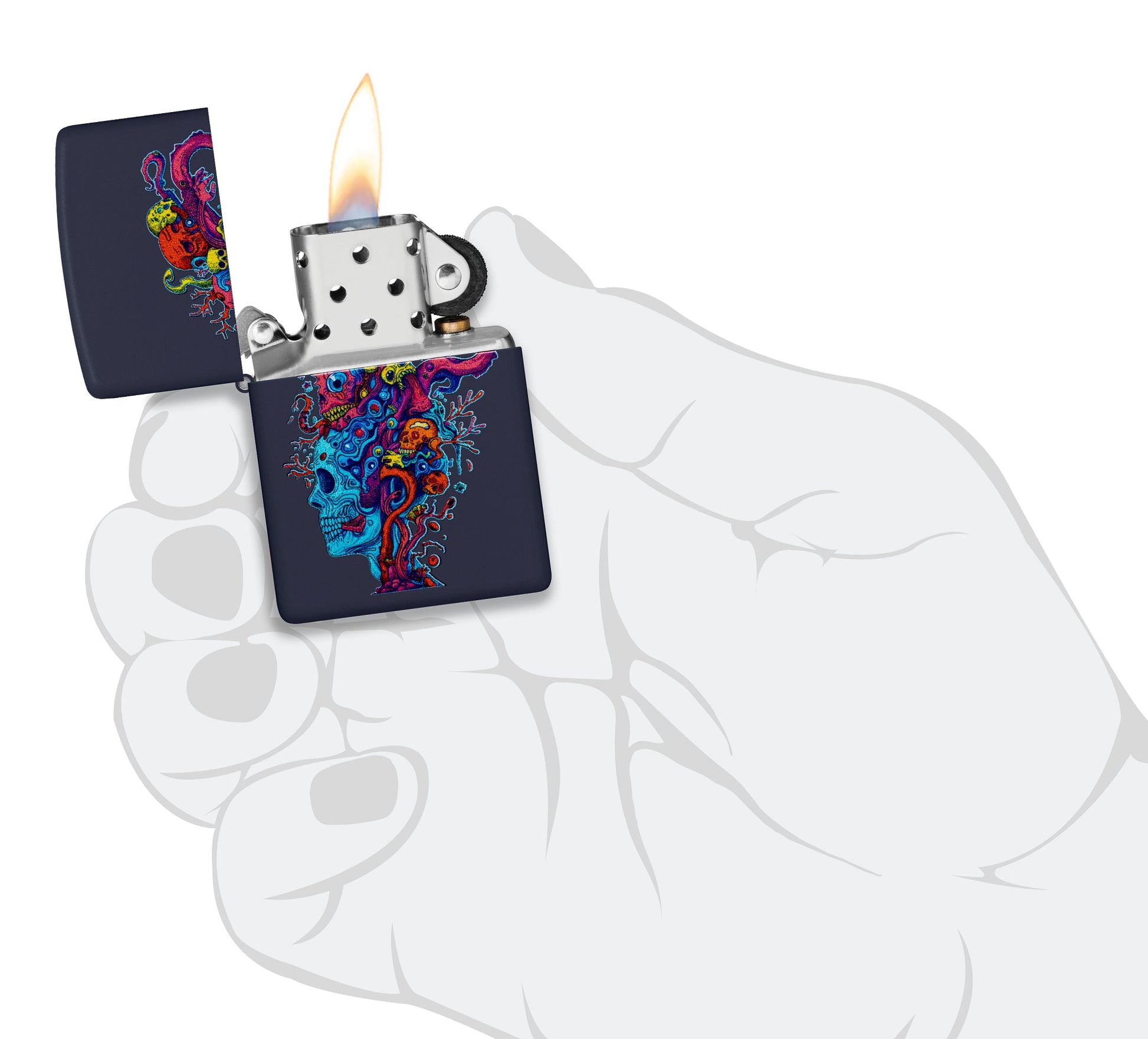 Zippo Skull Reef Design Navy Matte Windproof Lighter lit in hand.