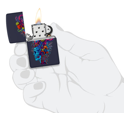 Zippo Skull Reef Design Navy Matte Windproof Lighter lit in hand.
