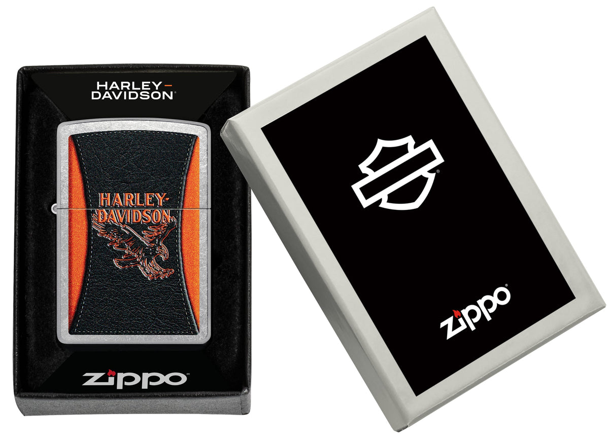 Zippo Harley-Davidson® Leathered Eagle Design Street Chrome Windproof Lighter in its packaging.