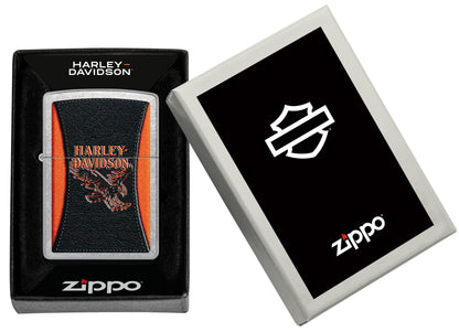 Zippo Harley-Davidson® Leathered Eagle Design Street Chrome Windproof Lighter in its packaging.