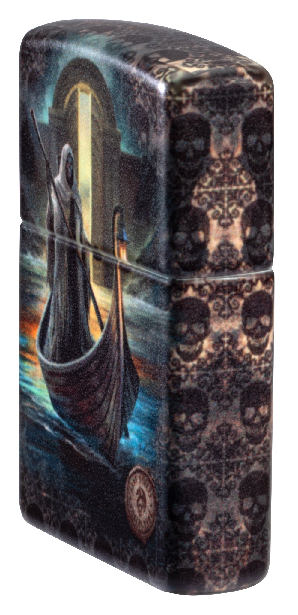 Angled shot of  Zippo Anne Stokes The Ferryman Design 540 Matte Windproof Lighter showing the front and non-hinge side of the lighter.