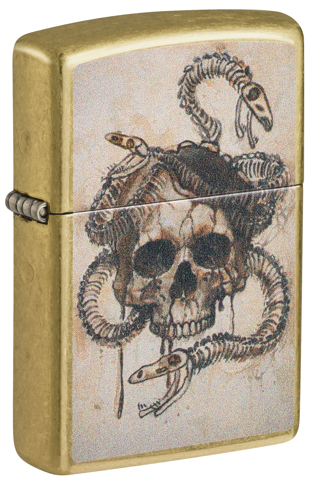 Front shot of Zippo Skull and Snakebones Design Street Brass Windproof Lighter standing at a 3/4 angle.