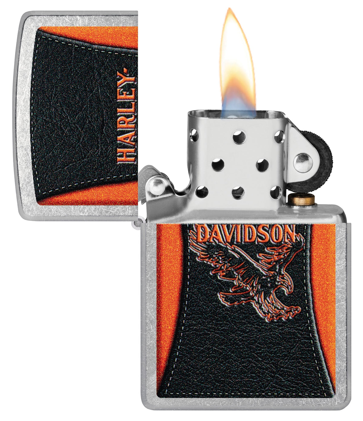 Zippo Harley-Davidson® Leathered Eagle Design Street Chrome Windproof Lighter with its lid open and lit.