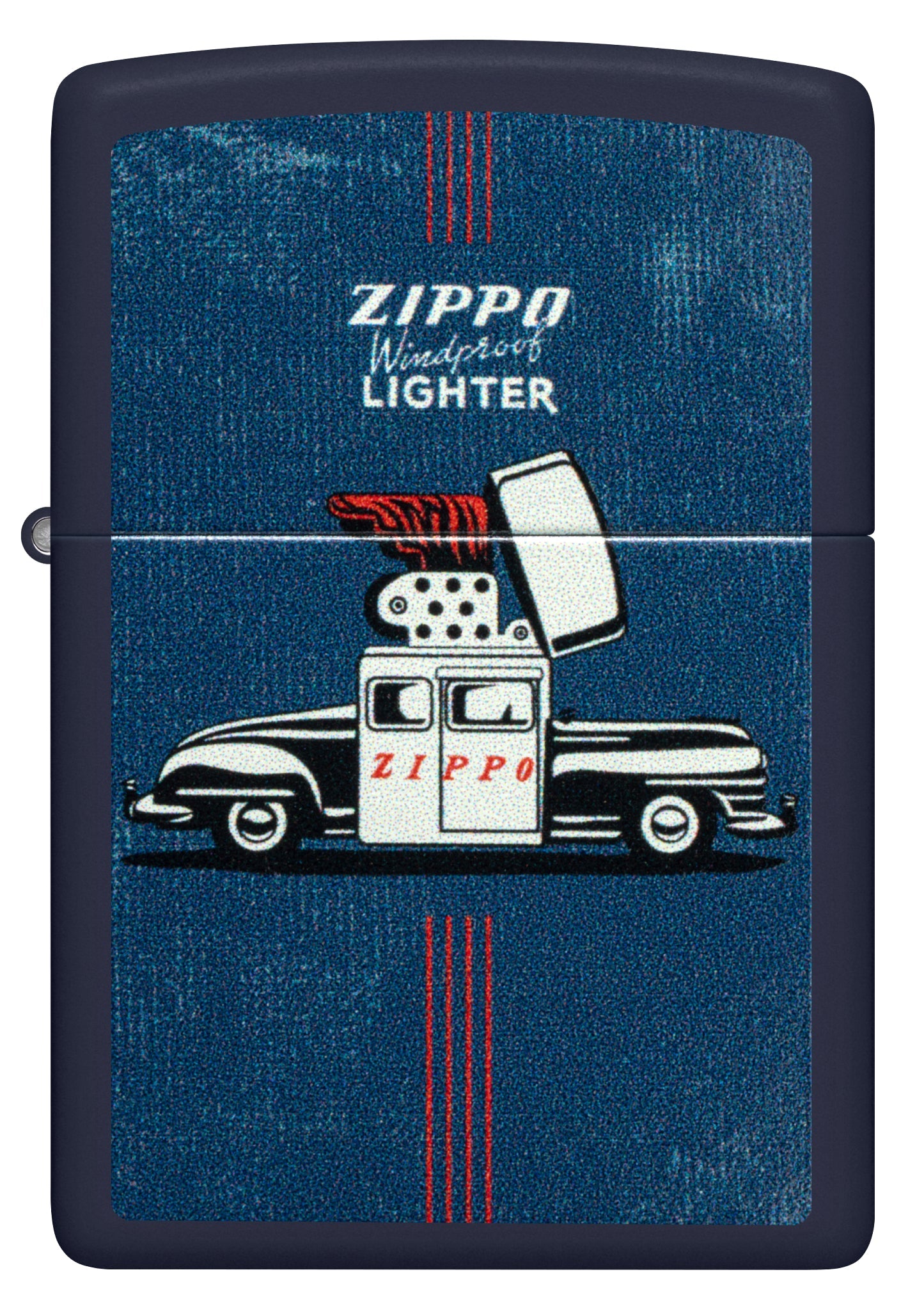 Front view of Zippo Vintage Zippo Car Design Navy Matte Windproof Lighter.