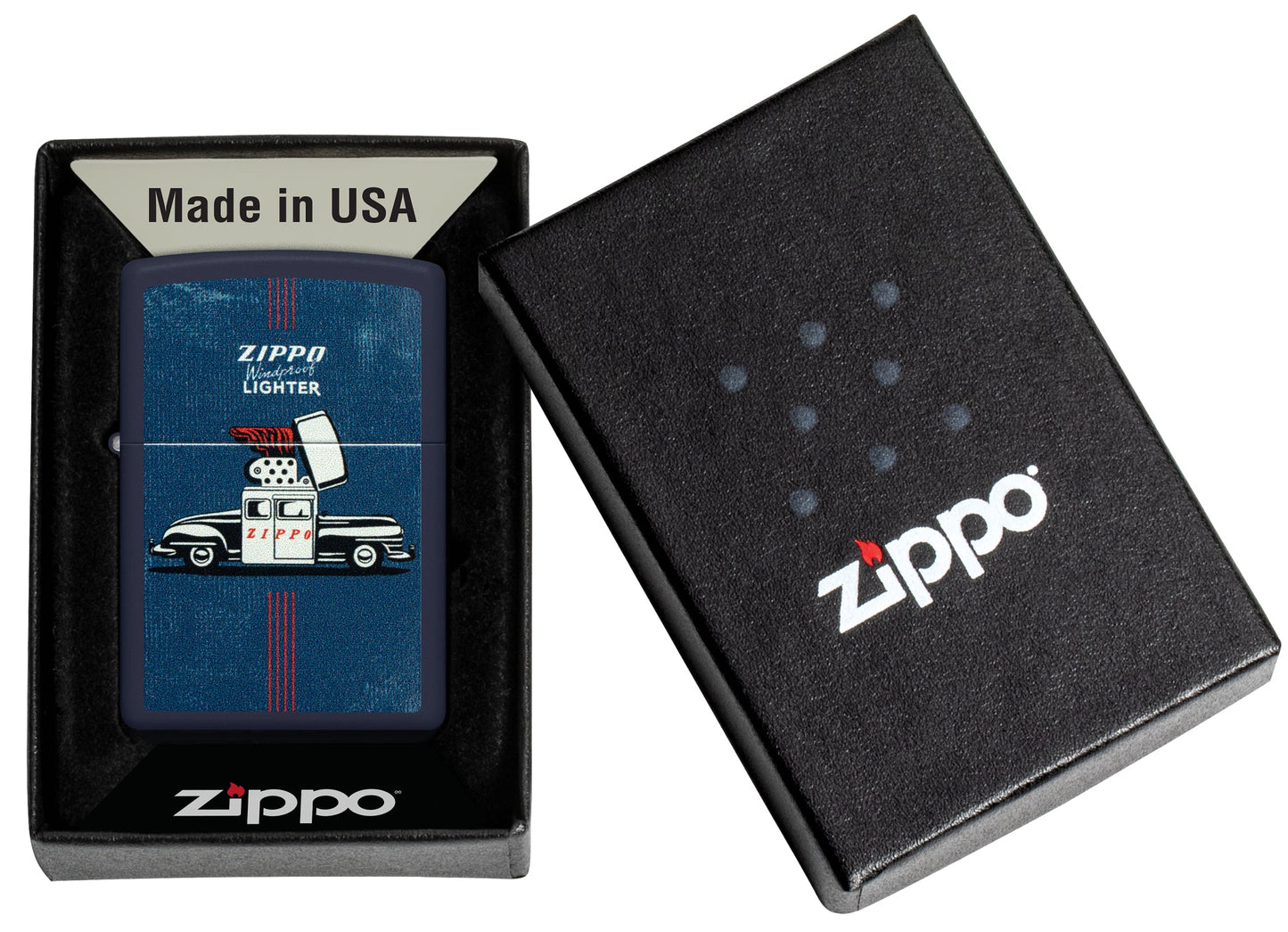 Zippo Vintage Zippo Car Design Navy Matte Windproof Lighter in its packaging.