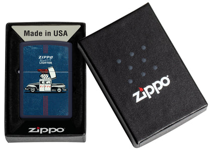 Zippo Vintage Zippo Car Design Navy Matte Windproof Lighter in its packaging.