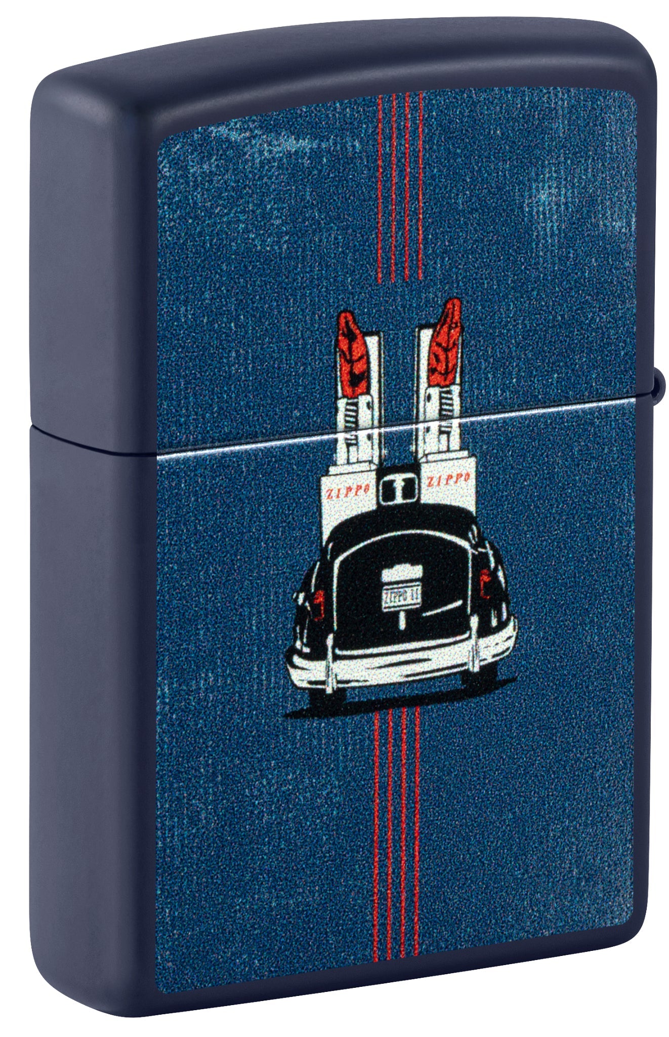 Back view of Zippo Vintage Zippo Car Design Navy Matte Windproof Lighter standing at a 3/4 angle.