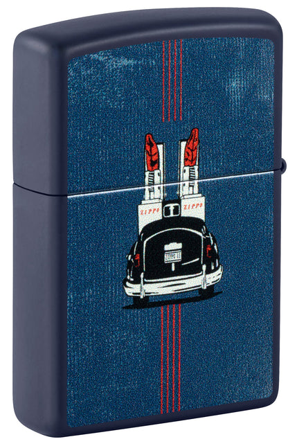 Back view of Zippo Vintage Zippo Car Design Navy Matte Windproof Lighter standing at a 3/4 angle.