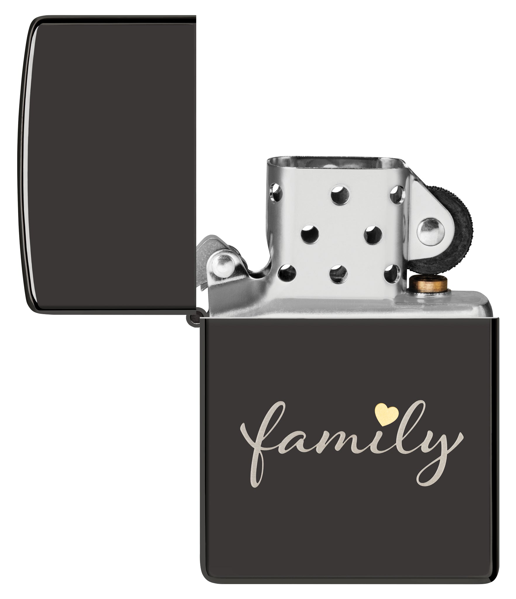 Zippo Family Design High Polish Black Windproof Lighter with its lid open and unlit.