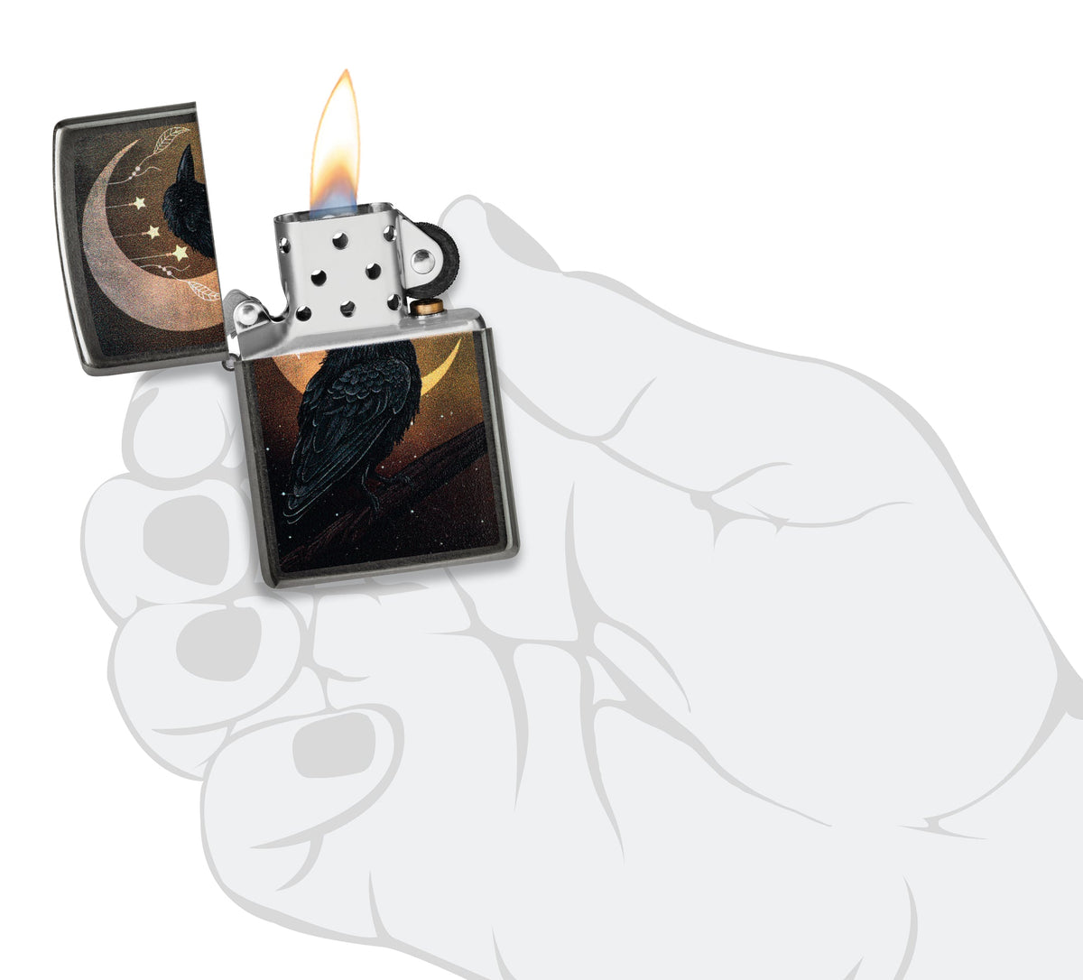 Zippo Raven Moon Design Grey Windproof Lighter lit in hand.