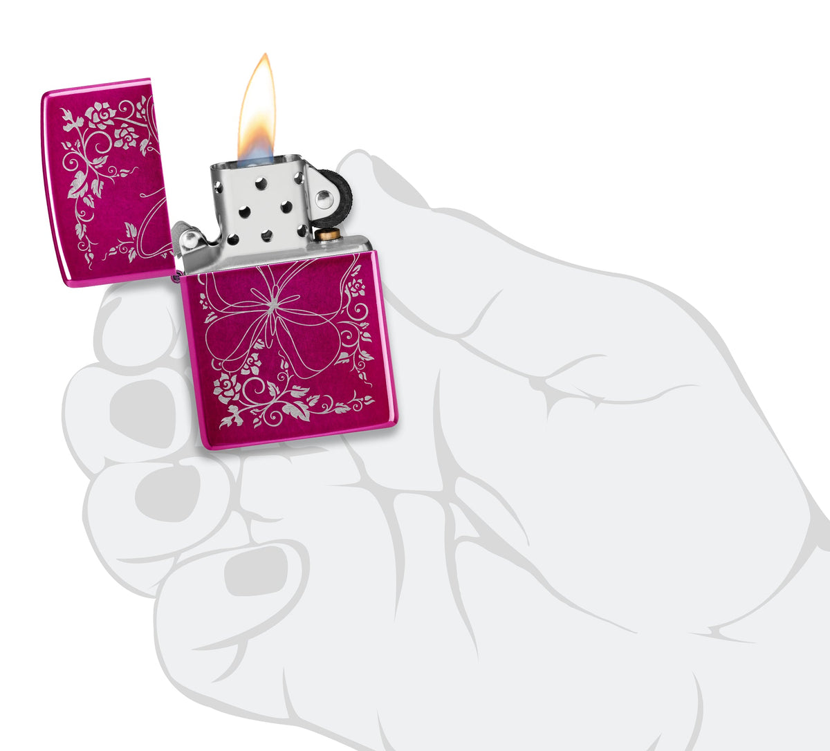 Zippo Butterfly Bliss Design Candy Raspberry Windproof Lighter lit in hand.