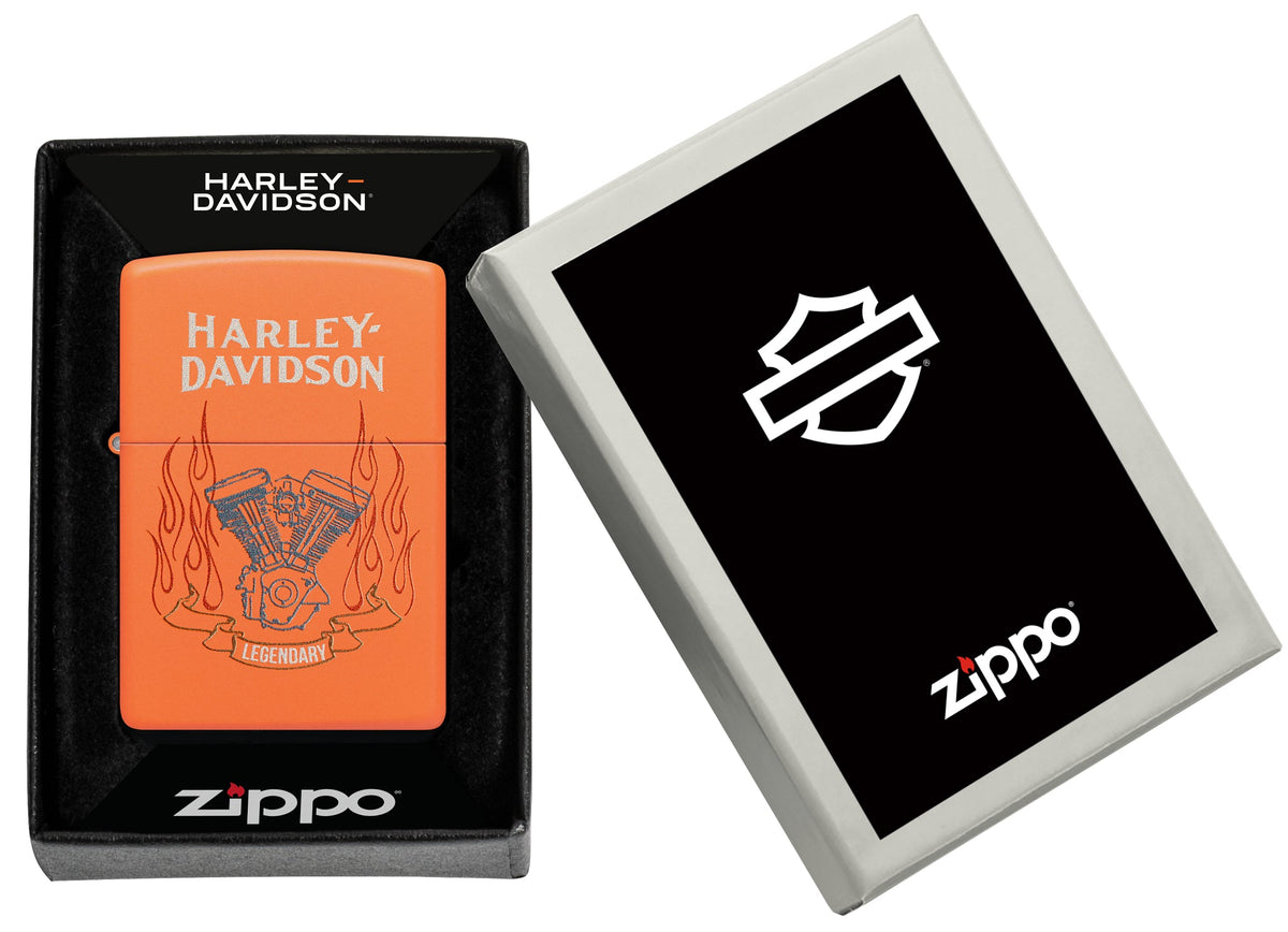 Zippo Harley-Davidson® Legendary Design Orange Matte Windproof Lighter in its packaging.