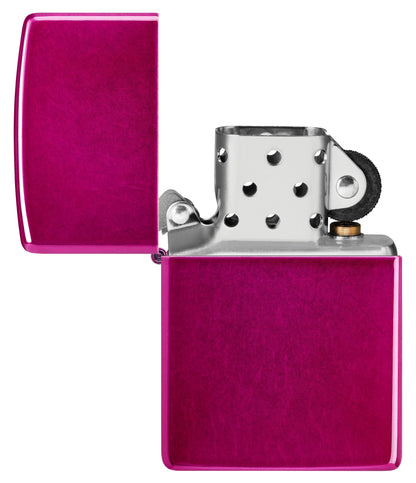 Zippo Classic Candy Raspberry Windproof Lighter with its lid open and unlit.