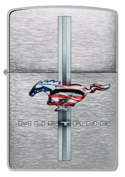 Front view of Zippo Ford Mustang Design Brushed Chrome Windproof Lighter.