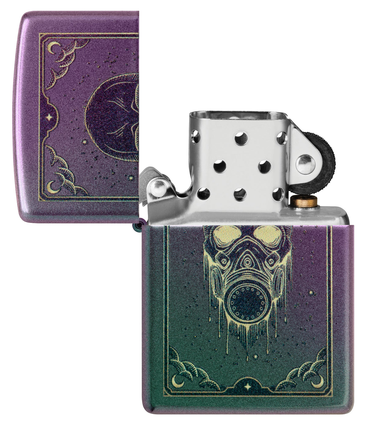 Zippo Gas Mask Design Iridescent Windproof Lighter with its lid open and unlit.