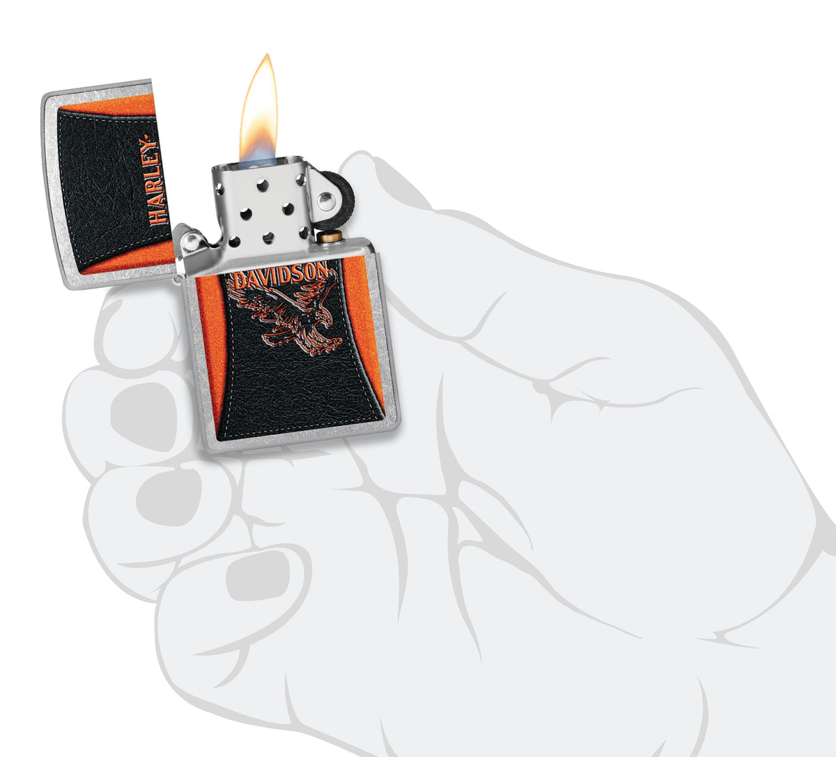Zippo Harley-Davidson® Leathered Eagle Design Street Chrome Windproof Lighter lit in hand.