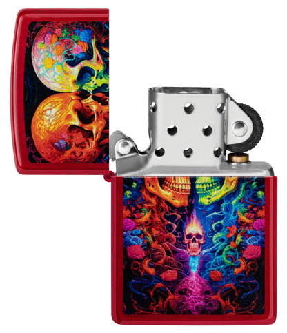 Zippo Candy Skulls Design Candy Apple Red Windproof Lighter with its lid open and unlit.