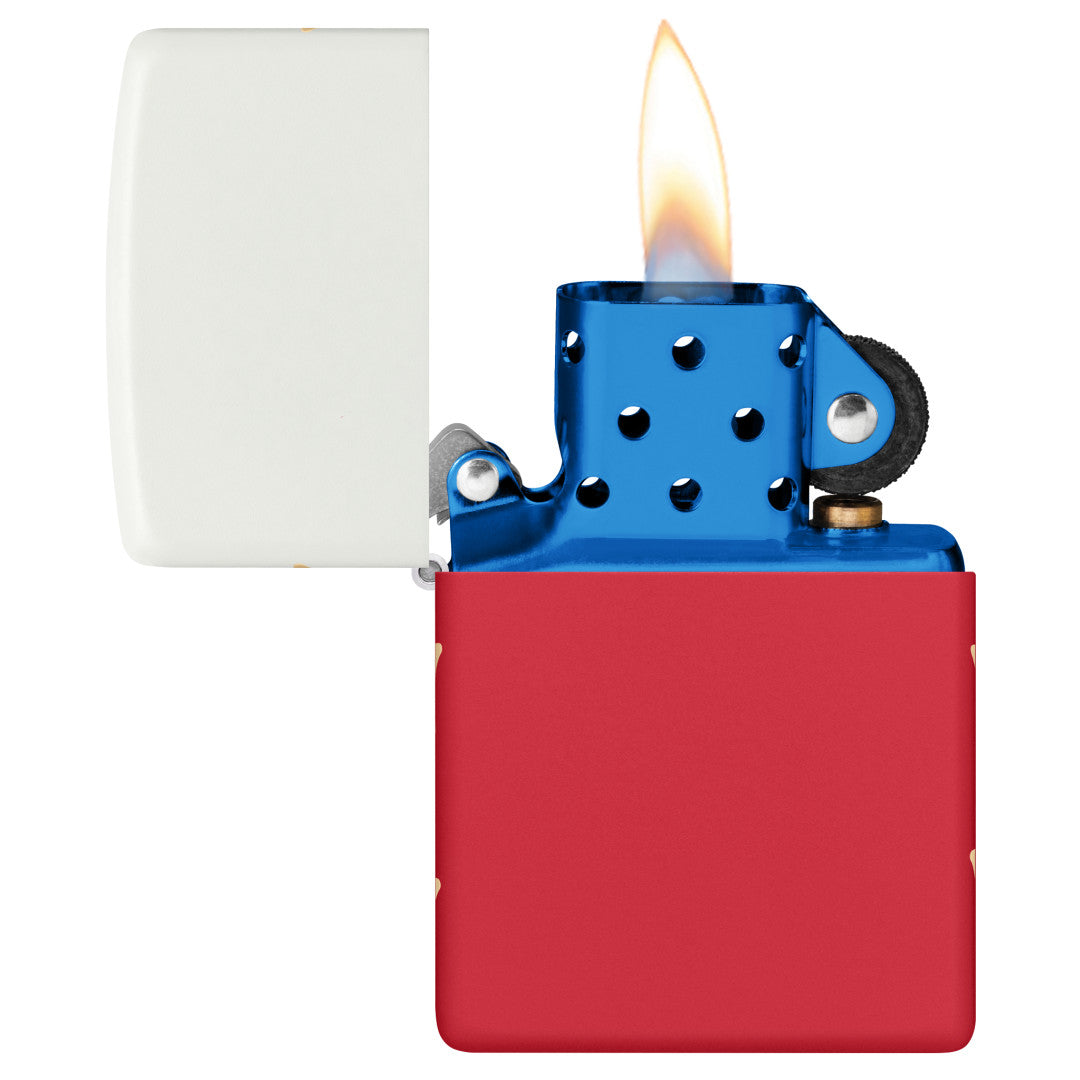 Zippo 250th Anniversary Special Edition White and Red Matte Windproof Lighter with its lid open and lit.
