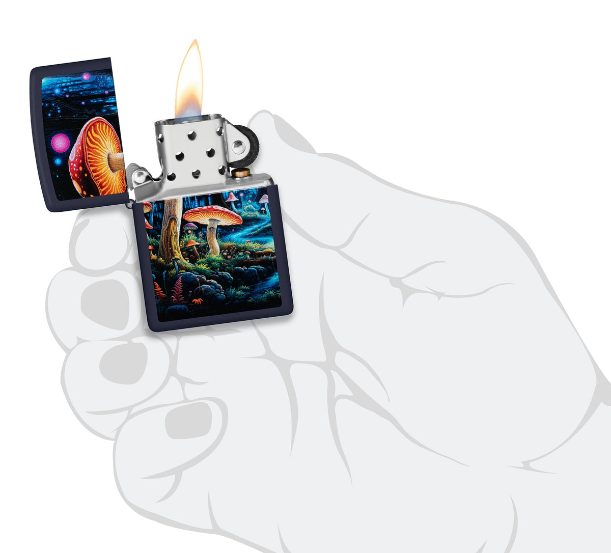 Zippo Black Light Mushroom Design Navy Matte Windproof Lighter lit in hand.