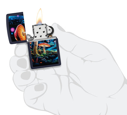 Zippo Black Light Mushroom Design Navy Matte Windproof Lighter lit in hand.