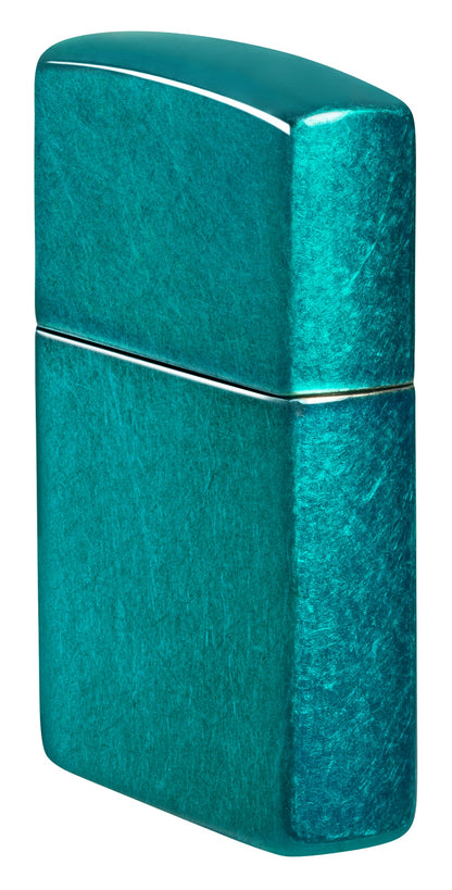 Angled shot of  Zippo Classic Candy Teal Windproof Lighter showing the front and non-hinge side of the lighter.