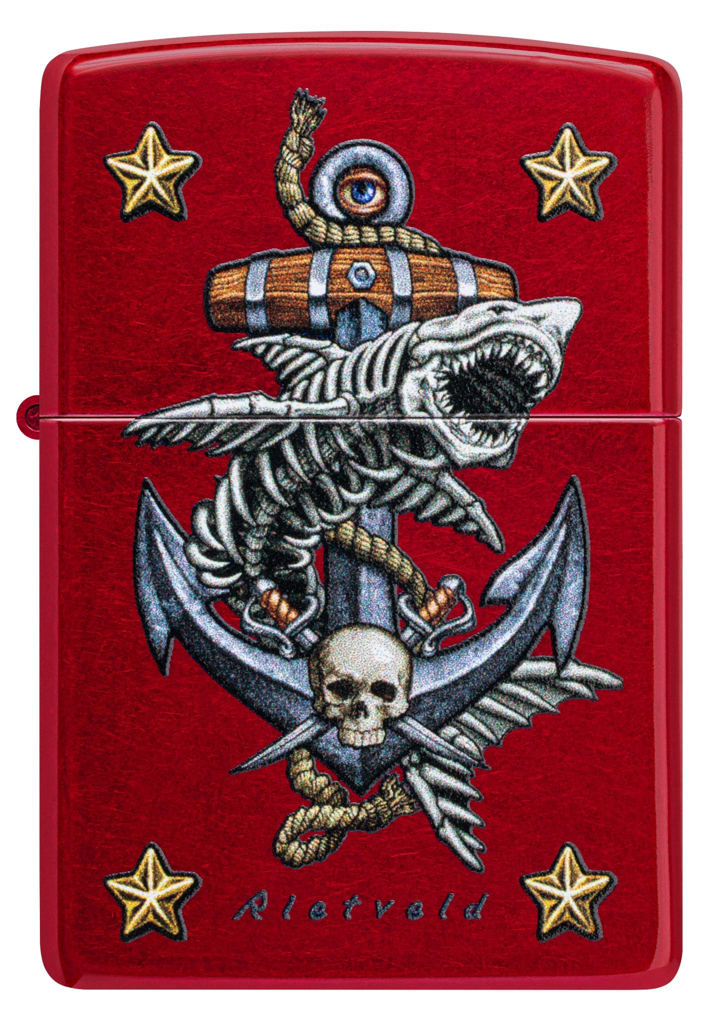 Front view of Zippo Rietveld Anchor Design Candy Apple Red Windproof Lighter.