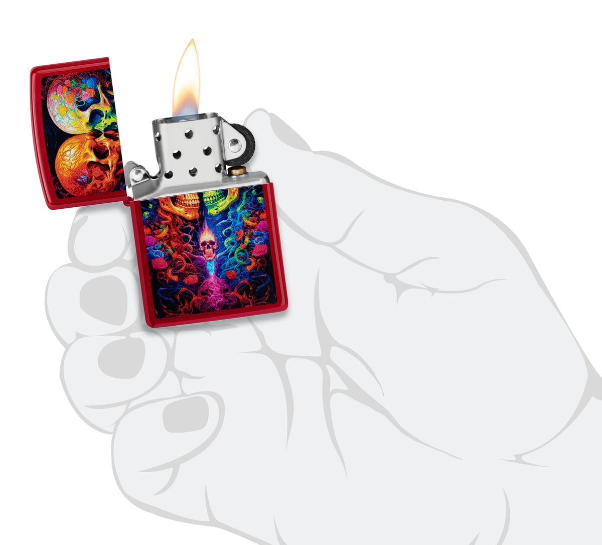 Zippo Candy Skulls Design Candy Apple Red Windproof Lighter lit in hand.