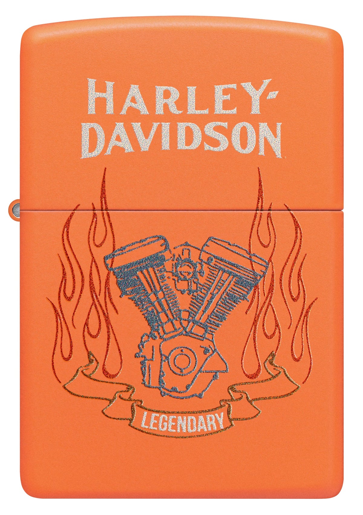 Front view of Zippo Harley-Davidson® Legendary Design Orange Matte Windproof Lighter.