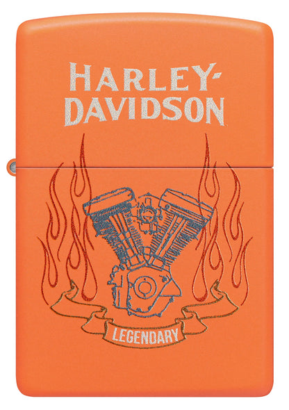 Front view of Zippo Harley-Davidson® Legendary Design Orange Matte Windproof Lighter.