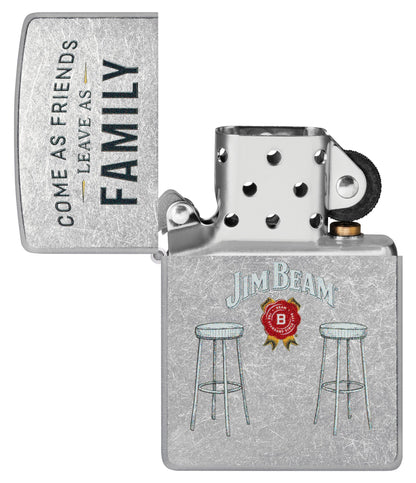 Zippo Jim Beam® Barstools Street Chrome Windproof Lighter  with its lid open and unlit.