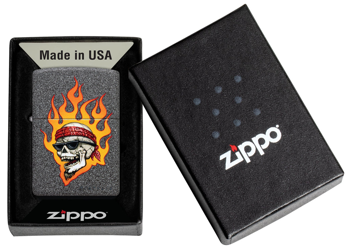 Zippo Rietveld Flaming Skull Design Iron Stone Windproof Lighter in its packaging.