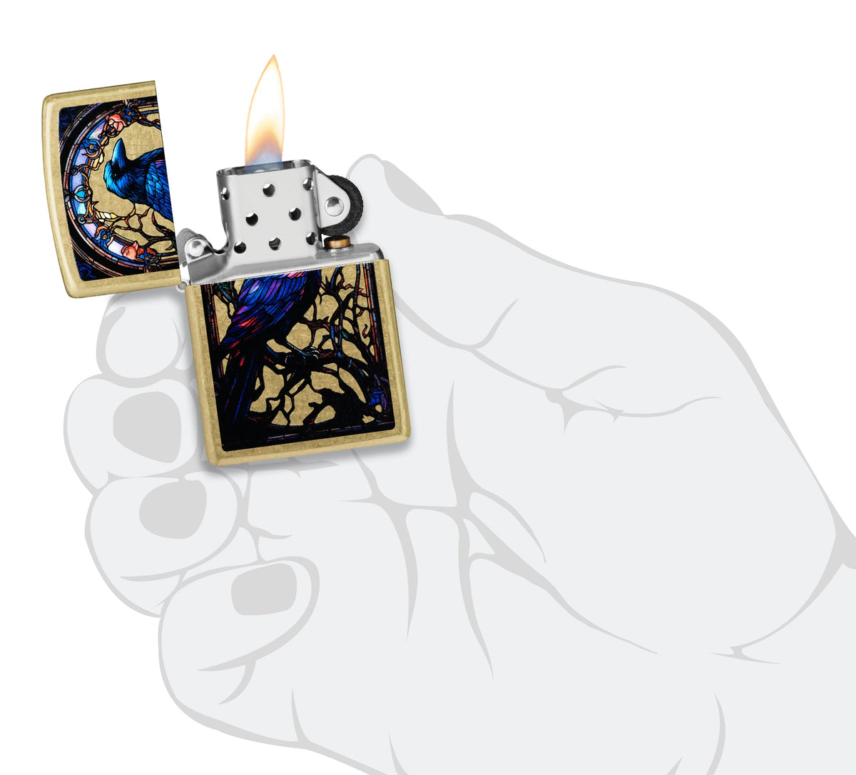 Zippo Stained Glass Raven Design Street Brass Windproof Lighter lit in hand.