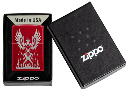 Zippo Phoenix Rising Design Candy Apple Red Windproof Lighter in its packaging.