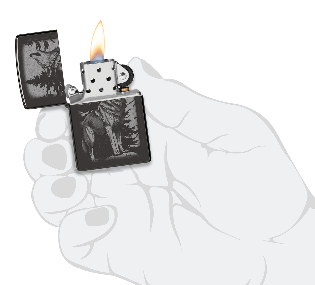 Zippo Howling Wolf Design High Polish Black Windproof Lighter lit in hand.
