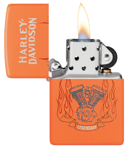Zippo Harley-Davidson® Legendary Design Orange Matte Windproof Lighter with its lid open and lit.