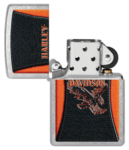Zippo Harley-Davidson® Leathered Eagle Design Street Chrome Windproof Lighter with its lid open and unlit.