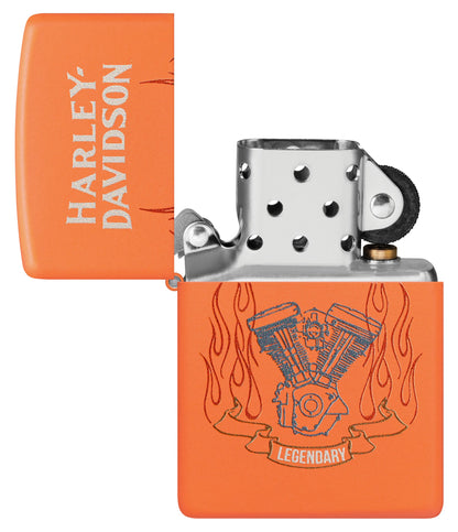 Zippo Harley-Davidson® Legendary Design Orange Matte Windproof Lighter with its lid open and unlit.