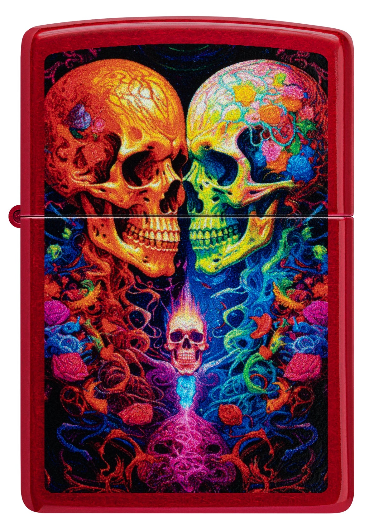 Front view of Zippo Candy Skulls Design Candy Apple Red Windproof Lighter.