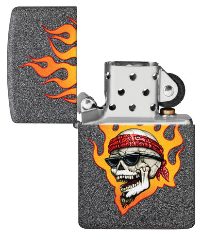 Zippo Rietveld Flaming Skull Design Iron Stone Windproof Lighter with its lid open and unlit.