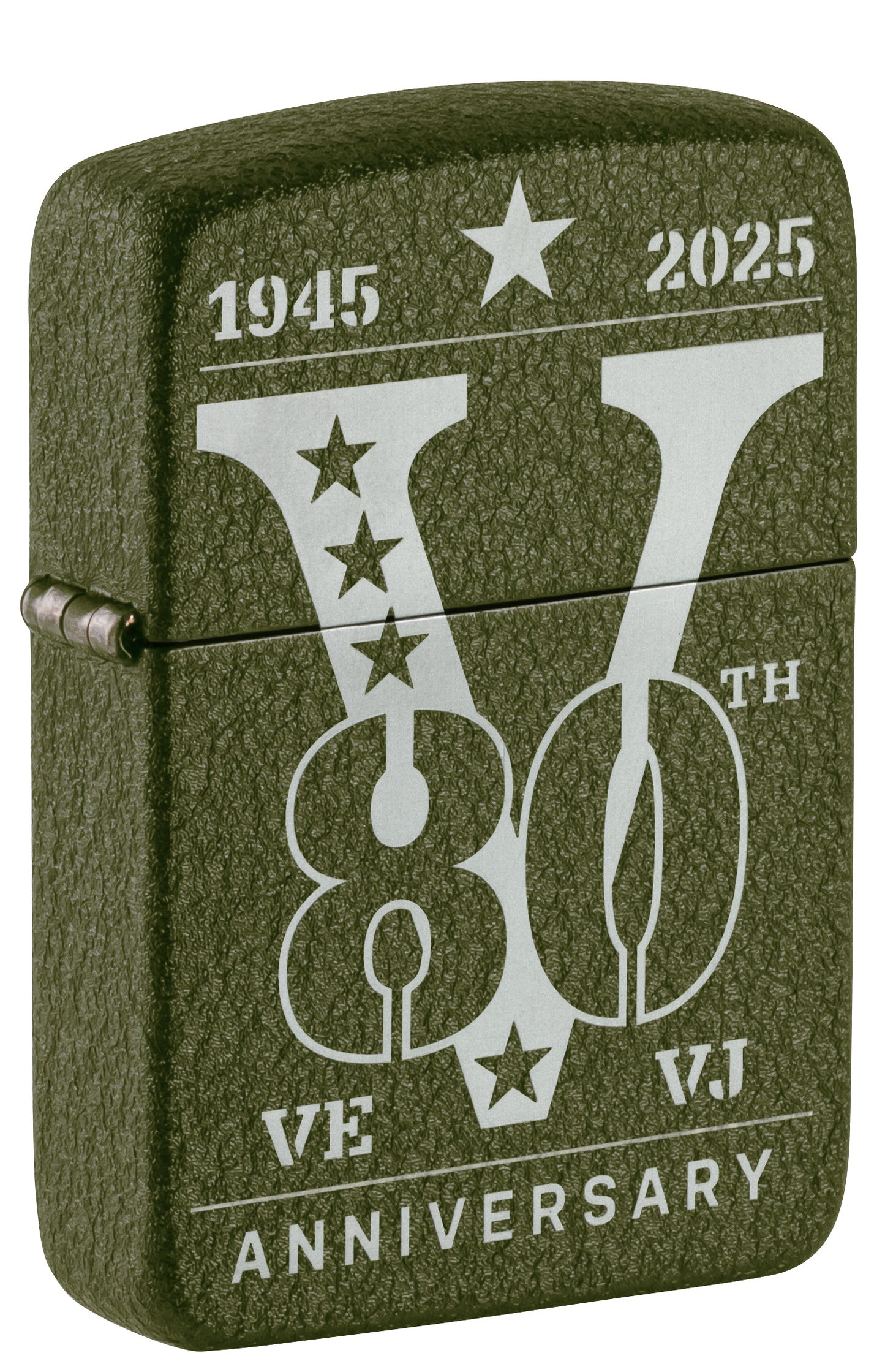 Green Zippo lighter with '80th VJ Anniversary' design